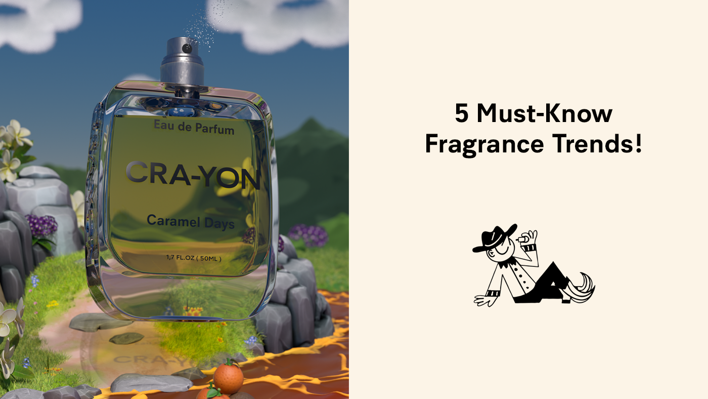 CRA-YON 'Caramel Days' Eau de Parfum bottle in fantasy landscape next to text '5 Must-Know Fragrance Trends