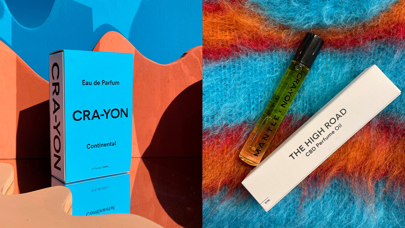 Left: CRA-YON 'Continental' perfume box on colorful set; Right: 'The High Road' perfume oil on fuzzy knit background