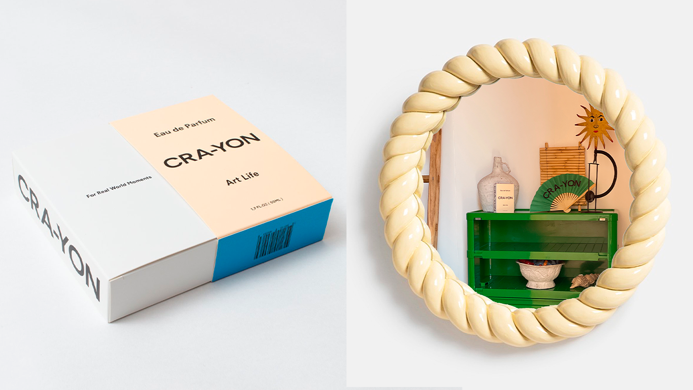 Left: CRA-YON 'Art Life' perfume box with color-blocked design; Right: vintage mirror reflecting eclectic green shelf decor