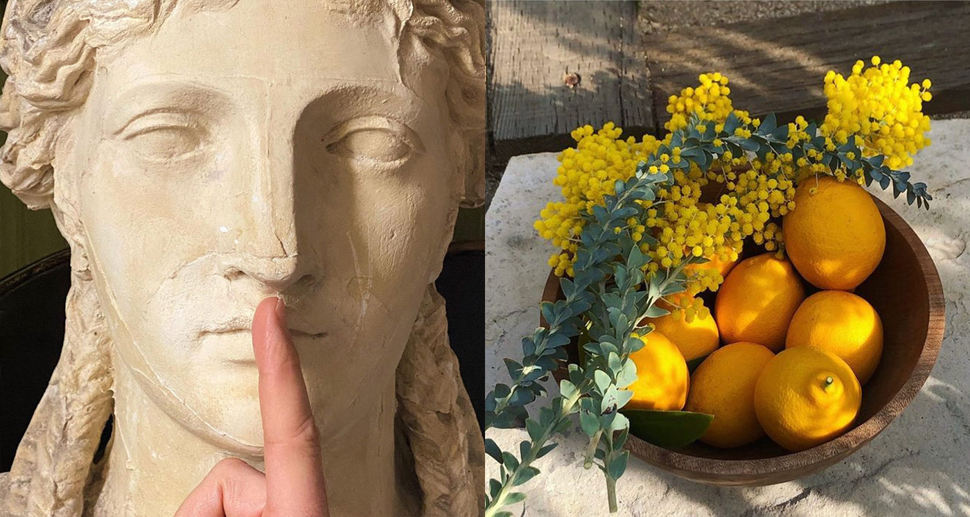 Close-up of a marble statue with a finger on its lips next to a bowl of lemons and mimosa flowers