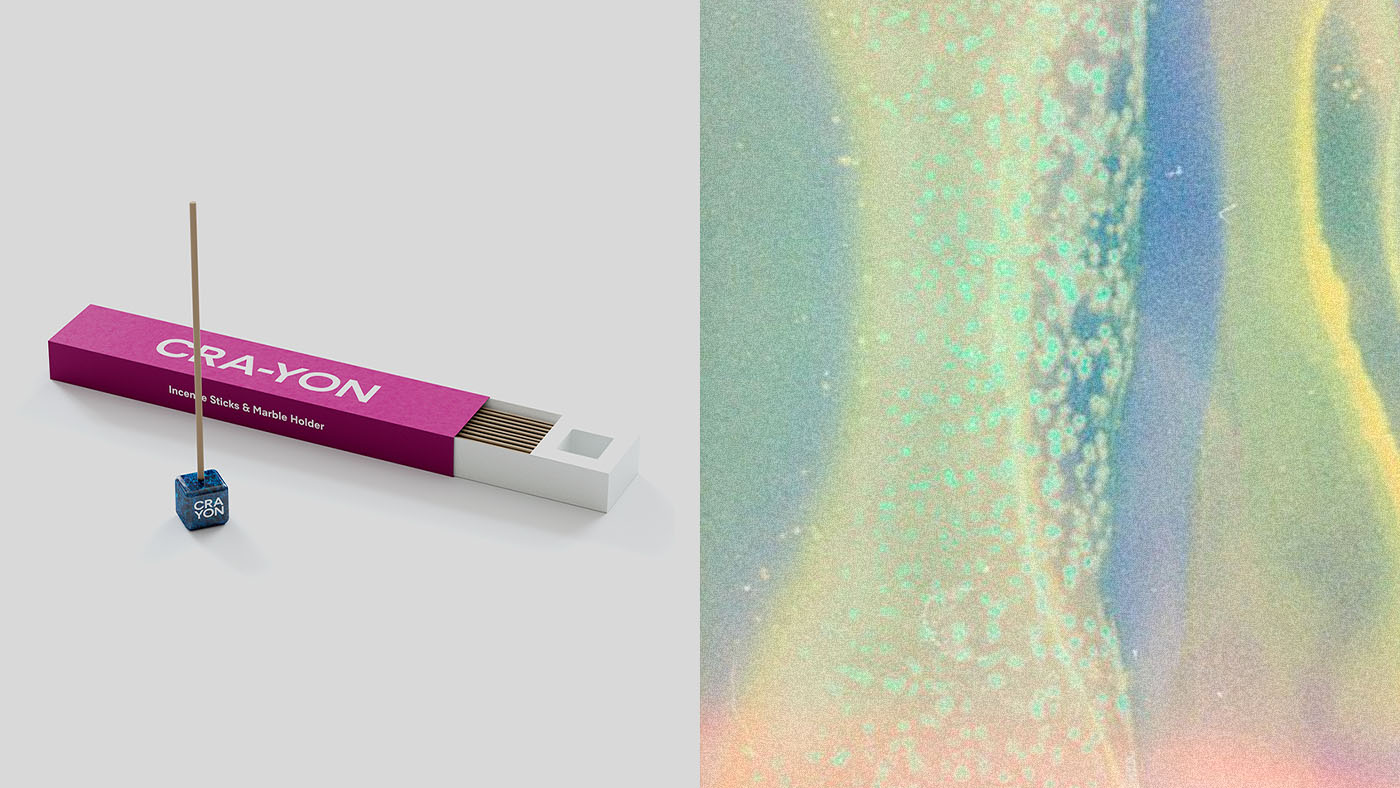 CRA-YON Calming Incense Kit with lit stick and holder next to abstract iridescent background art