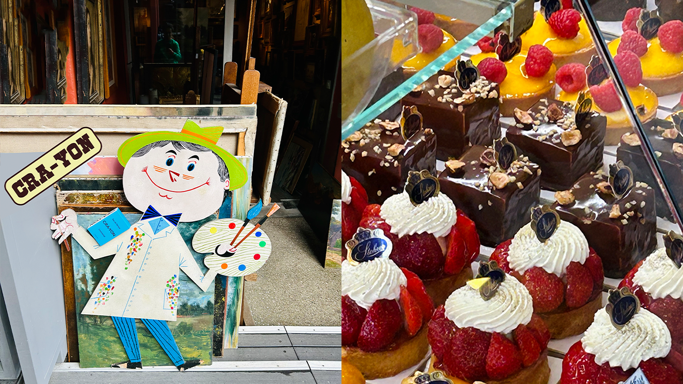 Left: CRA-YON painter cutout outside shop entrance; Right: colorful display of pastries and desserts in a bakery