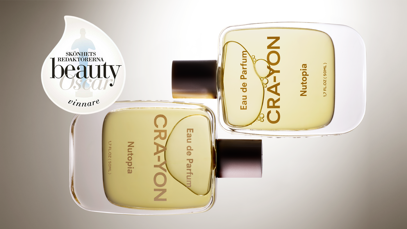 CRA-YON Nutopia perfume bottles featured alongside the Skönhetsredaktörerna Beauty Oscar award badge, highlighting the fragrance’s award-winning Scandinavian scent design.