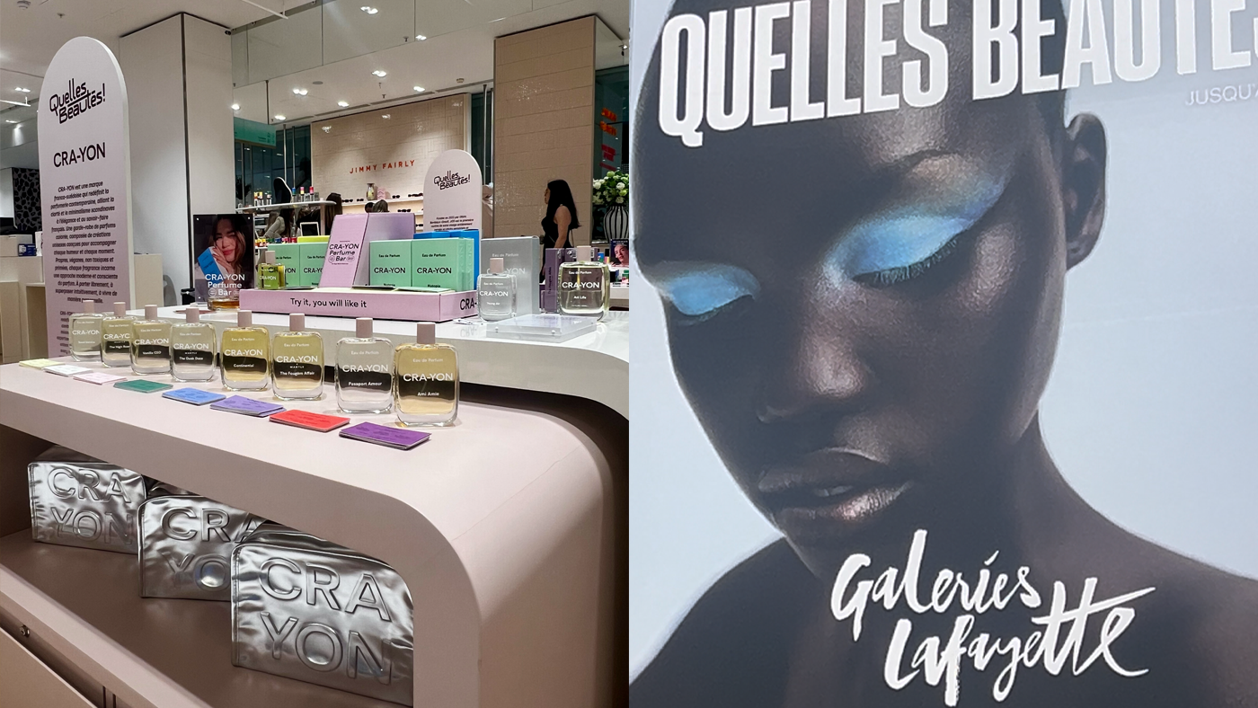 CRA-YON fragrance display at Galeries Lafayette Paris featuring perfumes, branded visuals and a beauty campaign poster inside the department store.