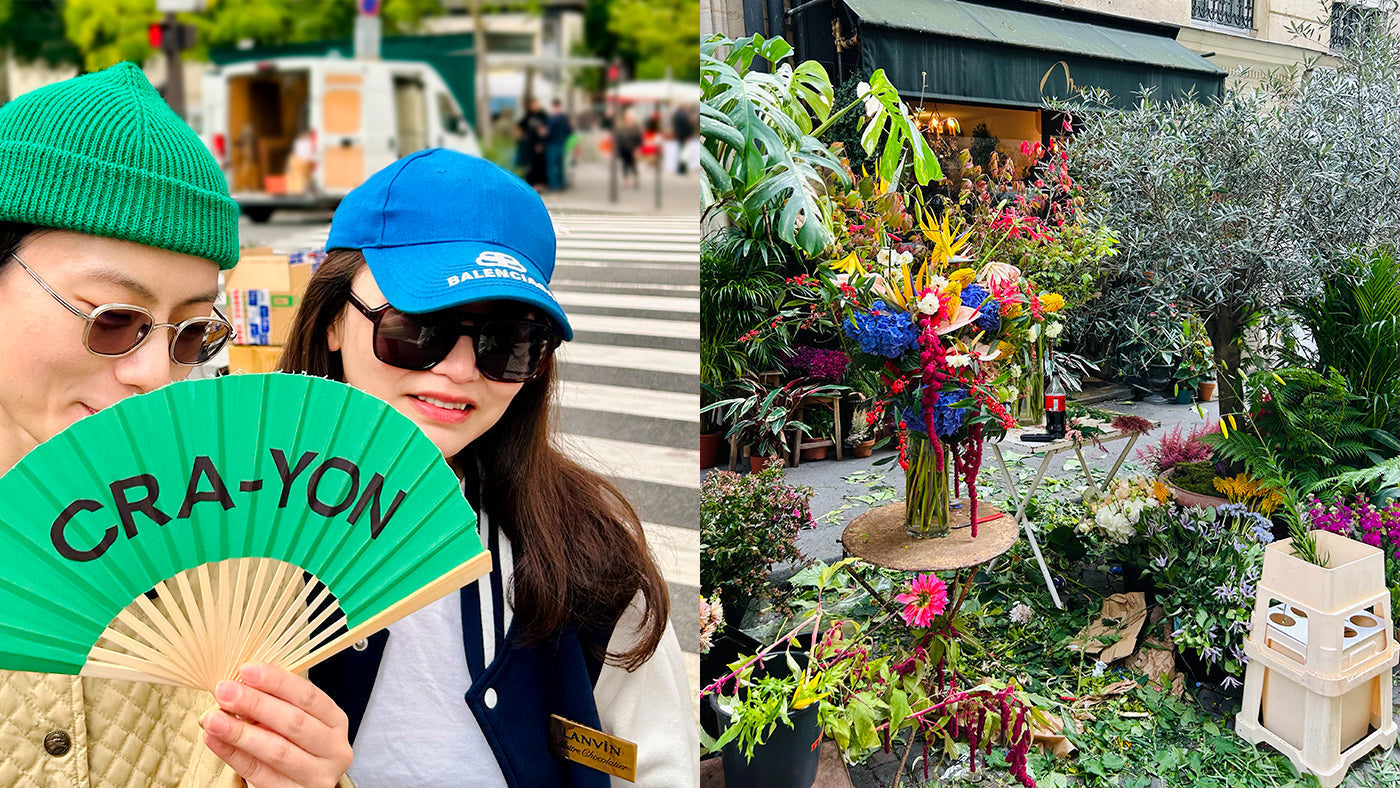 Left: two people holding green CRA-YON fan on city street; Right: lush flower shop entrance with colorful bouquets and plants