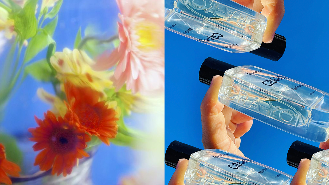 Abstract floral blur with vibrant daisies on left and hands holding CRA-YON perfume bottles against a blue background