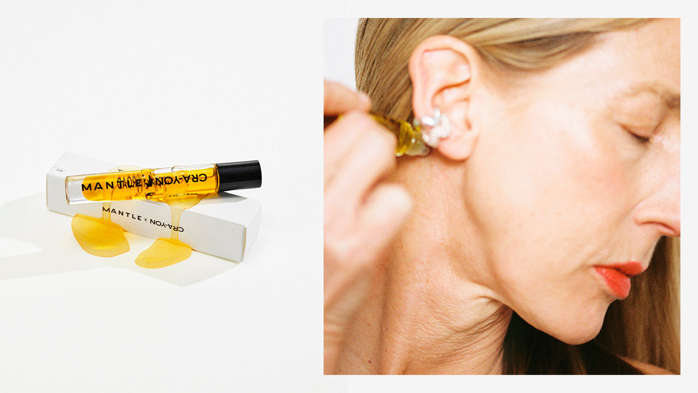 Left: CRA-YON 'The High Road' perfume oil vial with spill on white background; Right: woman applying perfume oil behind ear