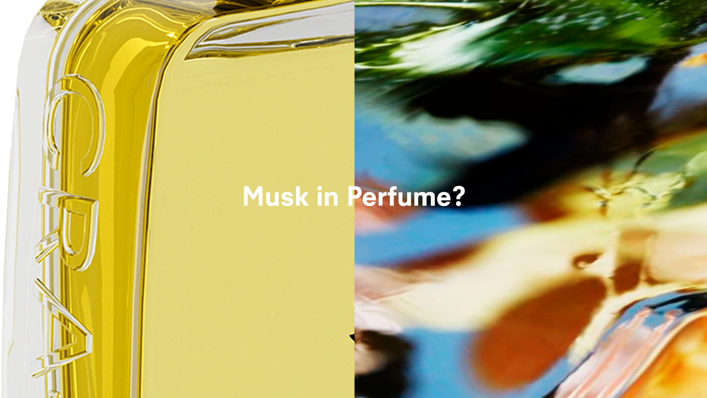 Close-up of yellow CRA-YON perfume bottle next to abstract blurred background with text 'Musk in Perfume?