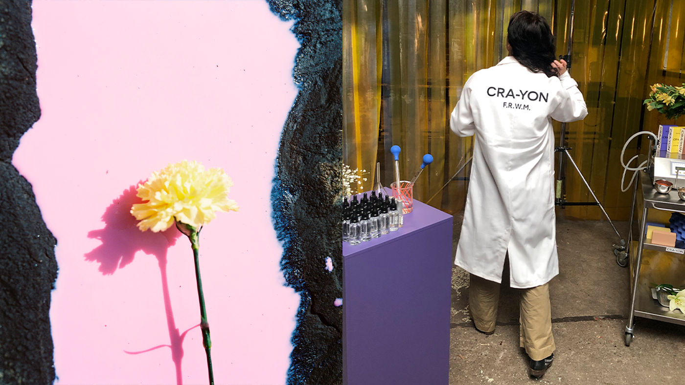 yellow carnation on pink background with charred edge; Right: person in CRA-YON lab coat setting up in fragrance lab