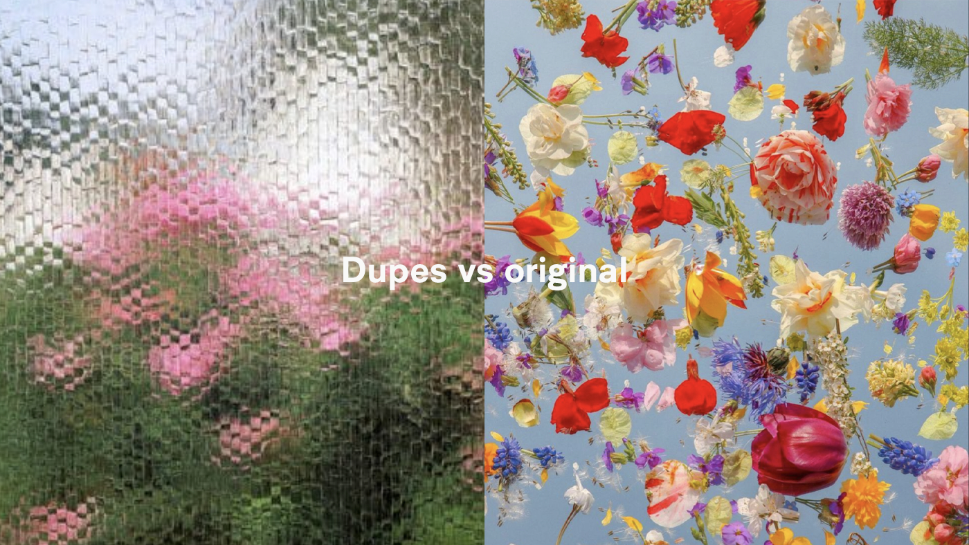 Left: blurred pink flowers behind textured glass; Right: vibrant mix of flowers floating on blue background with text 'Dupes vs originals