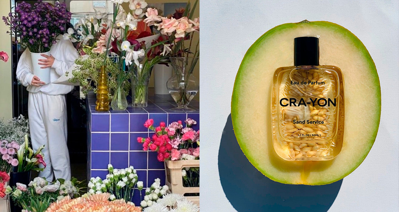 Left: person in white tracksuit holding large bouquet in flower shop; Right: CRA-YON Sand Service bottle placed inside halved melon