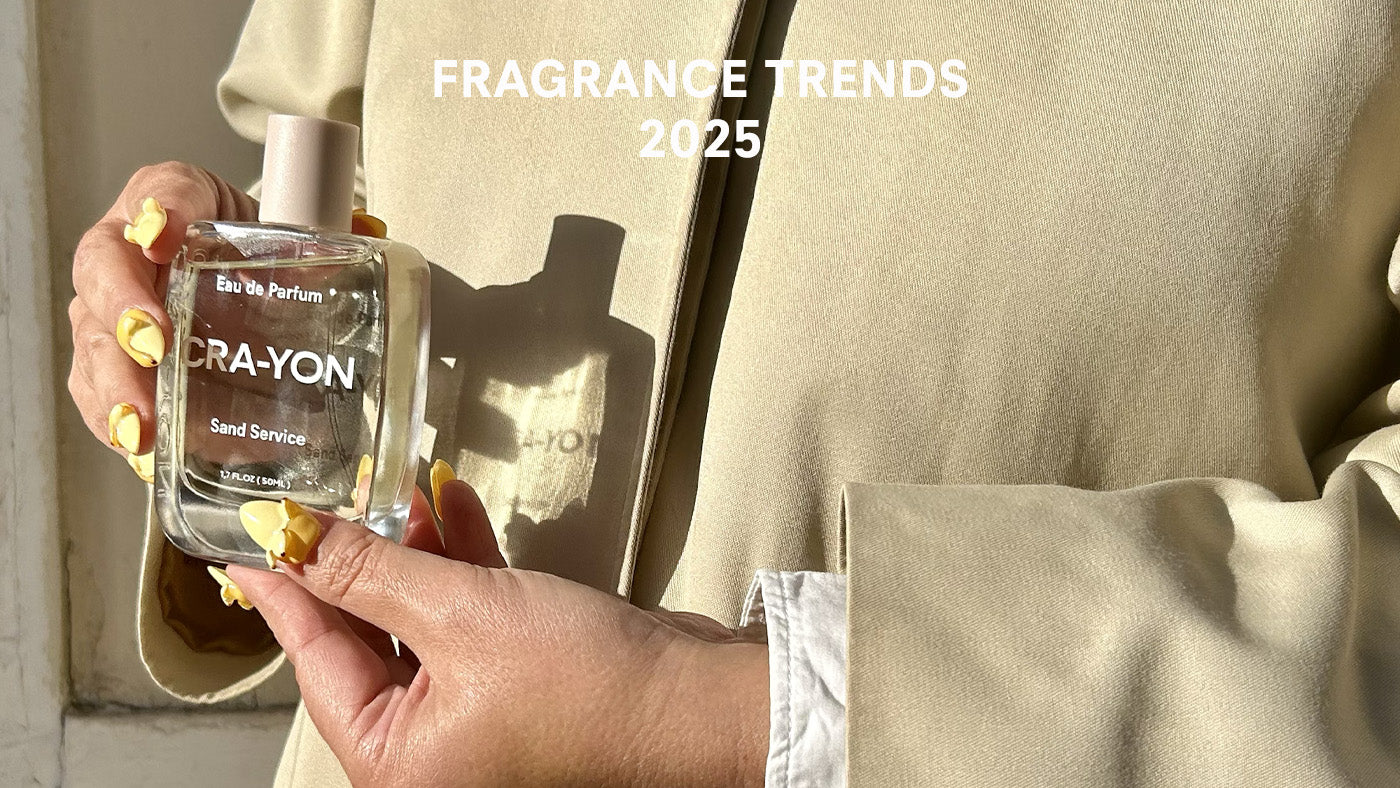 Close-up of hands with yellow nails holding CRA-YON 'Sand Service' perfume – Fragrance Trends 2025