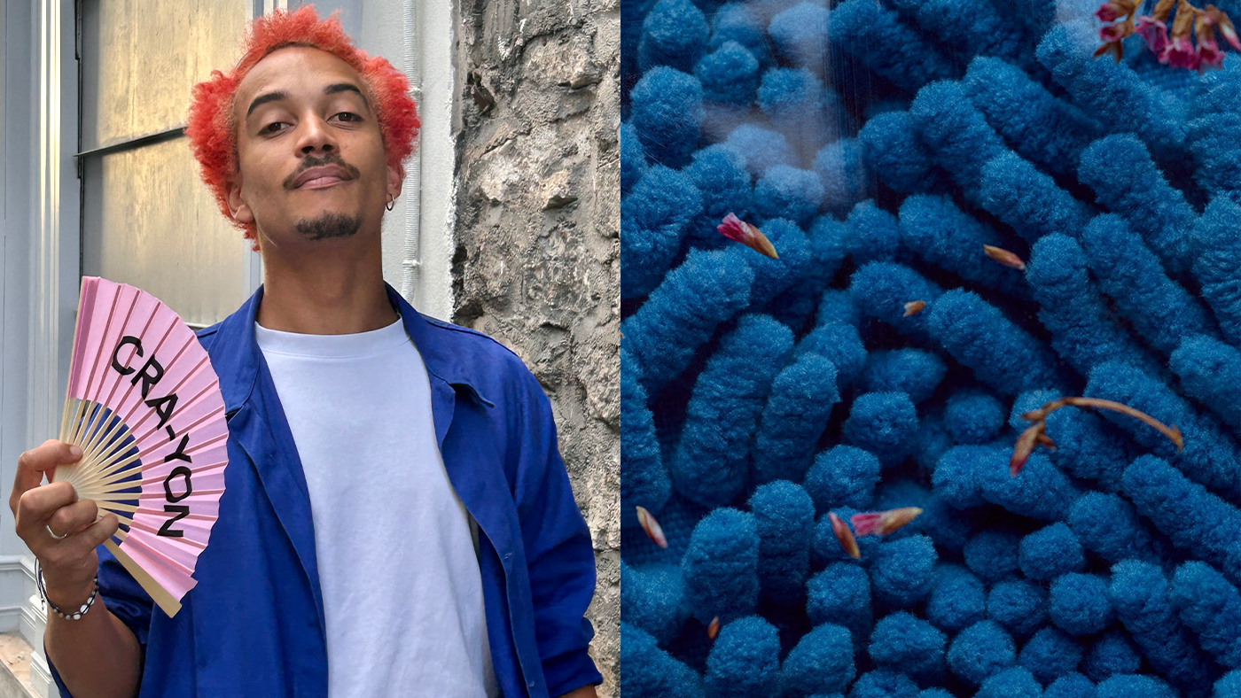 Man with pink CRA-YON fan and red hair against textured wall, beside close-up of bold blue sculptural forms.