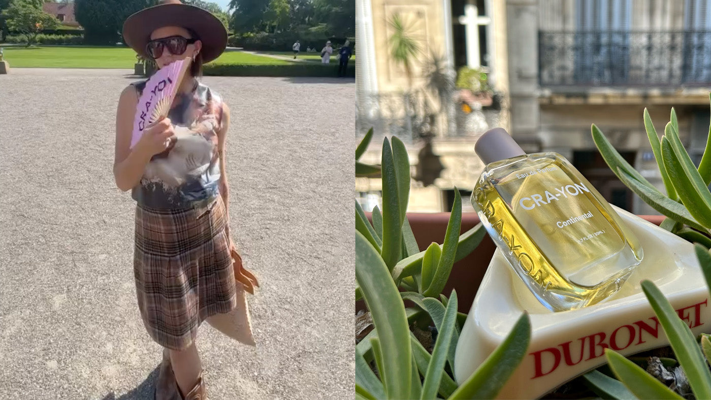 Left: person in sunhat holding pink CRA-YON fan in park; Right: CRA-YON 'Caramel Days' perfume bottle nestled in greenery on balcony
