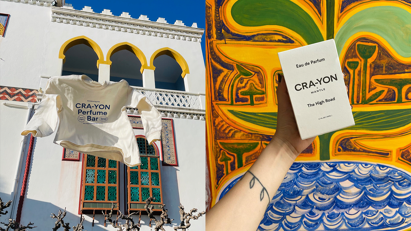 CRA-YON Perfume Bar sweatshirt flying in the sun and The High Road perfume against vibrant art backdrop.
