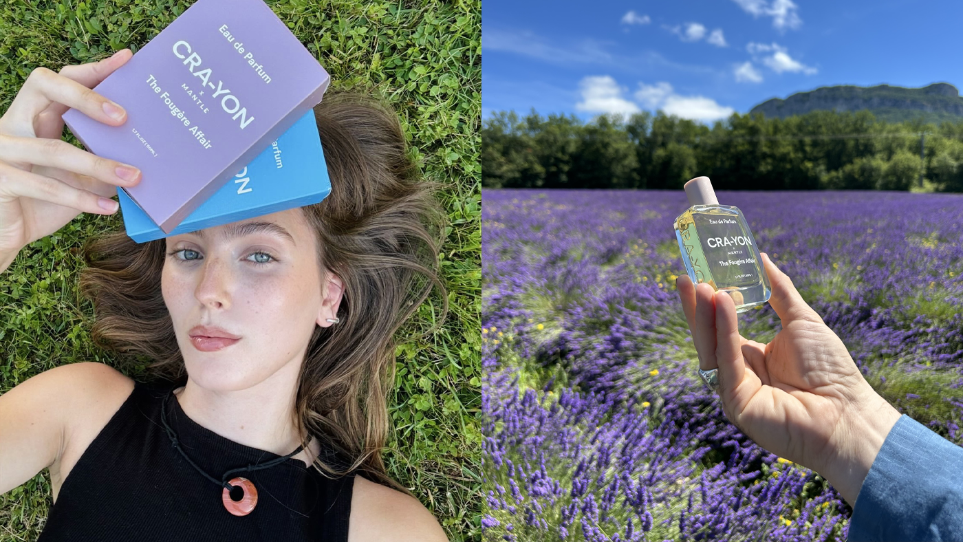 Left: woman lying on grass holding CRA-YON perfume boxes; Right: hand holding CRA-YON bottle over lavender field