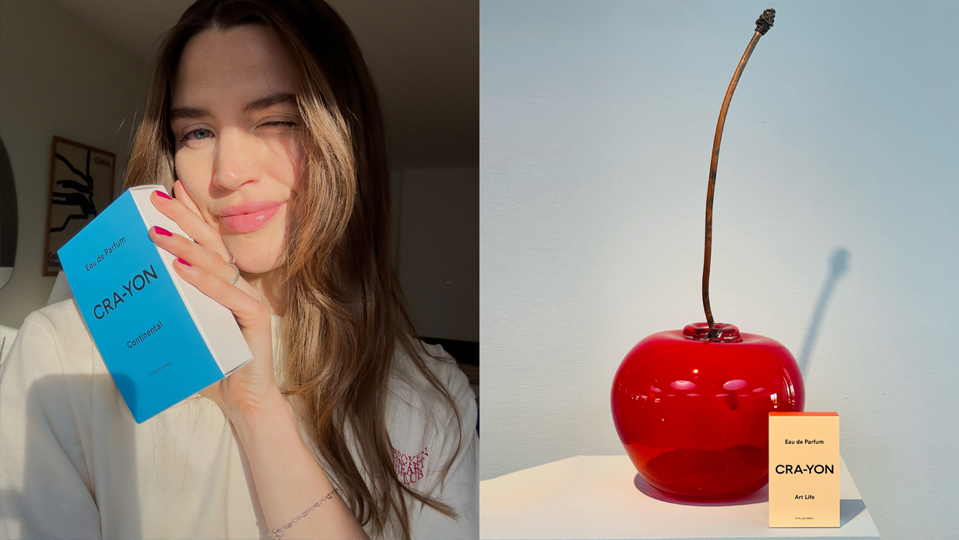 Left: person smiling with CRA-YON 'Continental' perfume box; Right: giant red cherry sculpture next to CRA-YON 'Art Life' box