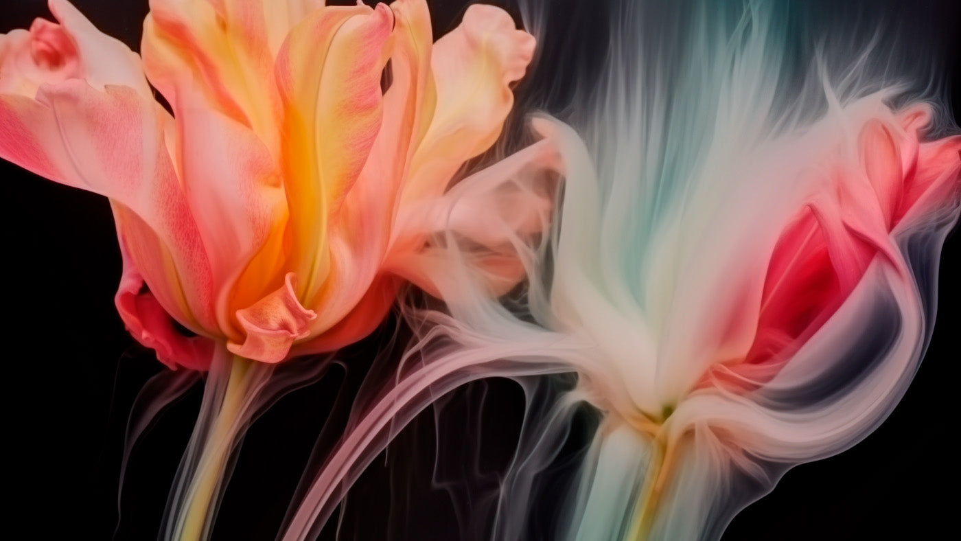 Two surreal tulips with glowing, smoke-like textures against a black background