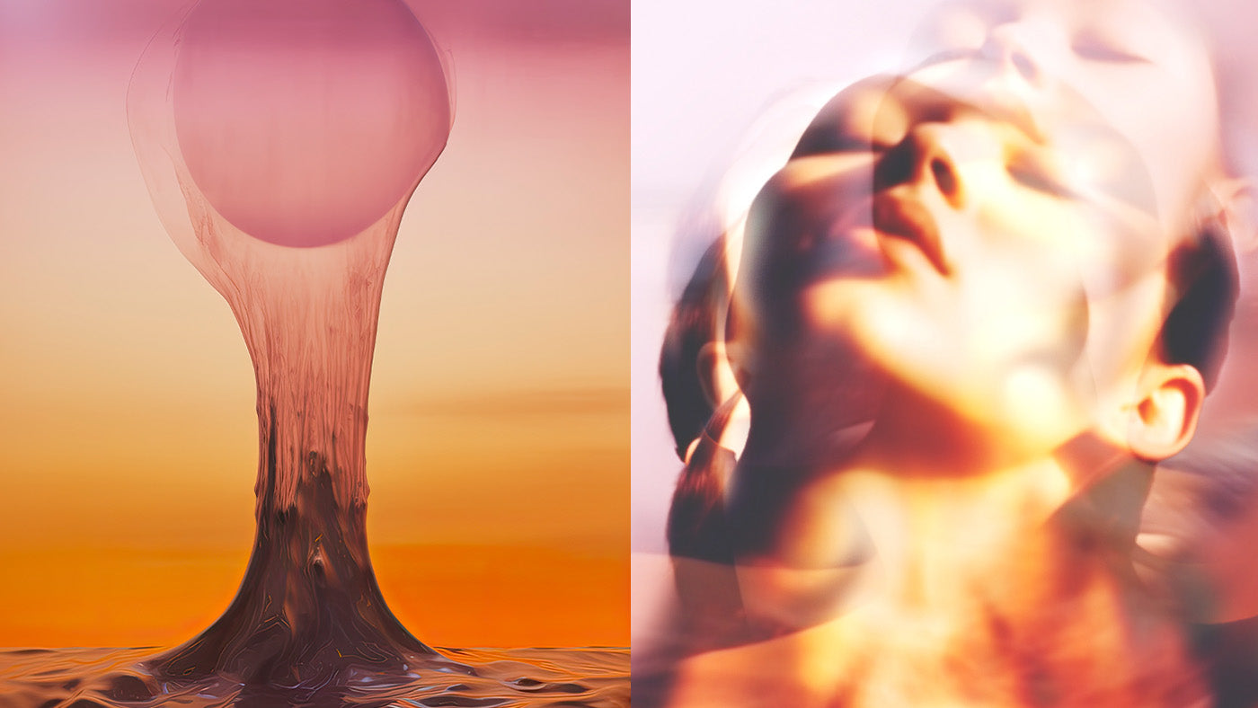 Left: surreal golden liquid rising from water into sphere; Right: dreamy motion-blurred portrait in warm sunset tones