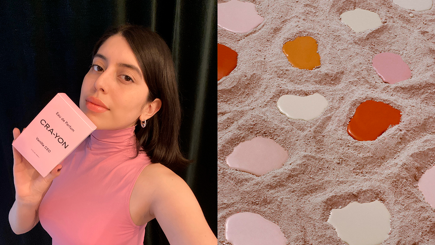 Portrait of woman holding CRA-YON Vanilla CEO perfume and abstract texture with color drops – scent meets identity and artistry