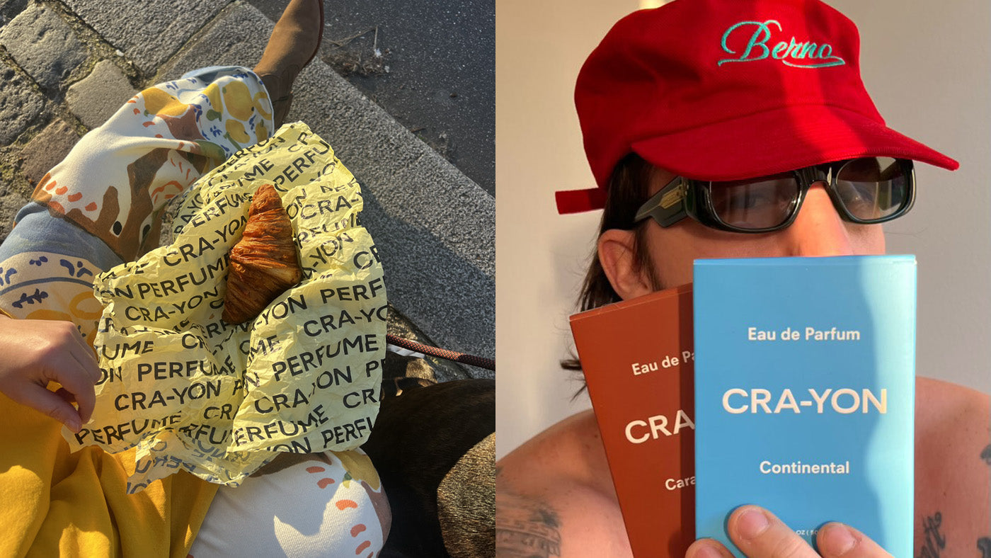 Left: croissant in CRA-YON branded wrap on lap outdoors; Right: person in red cap holding 'Caramel Days' and 'Continental' perfumes