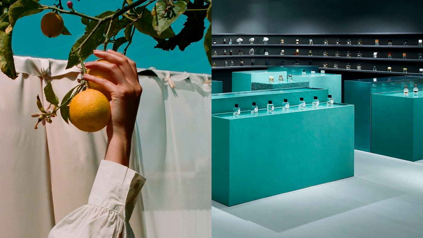 Left: hand reaching for citrus fruit on tree; Right: modern CRA-YON fragrance gallery with turquoise display pedestals