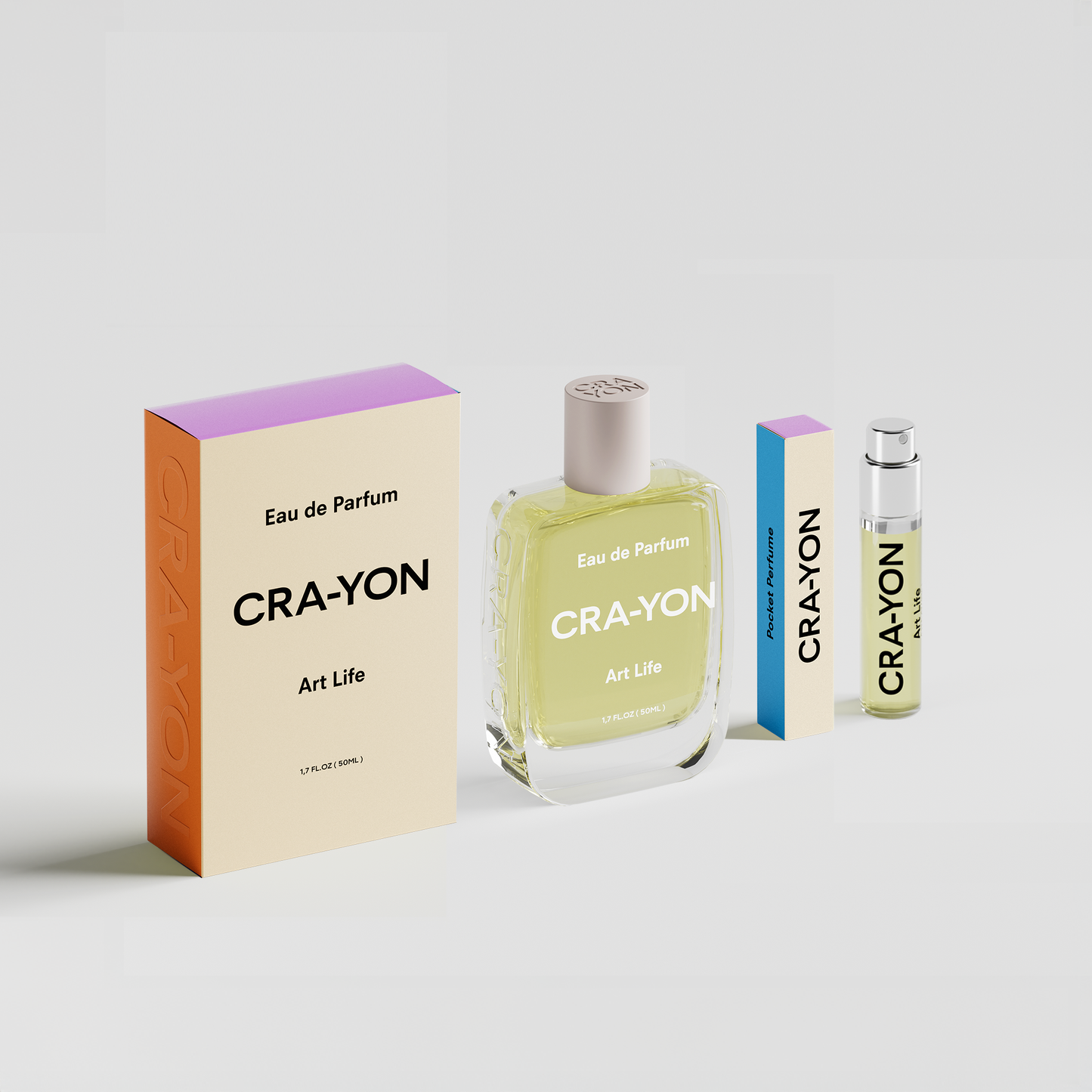 CRA-YON Art Life – perfume bottles and orange gradient boxes shot from the side on a light background