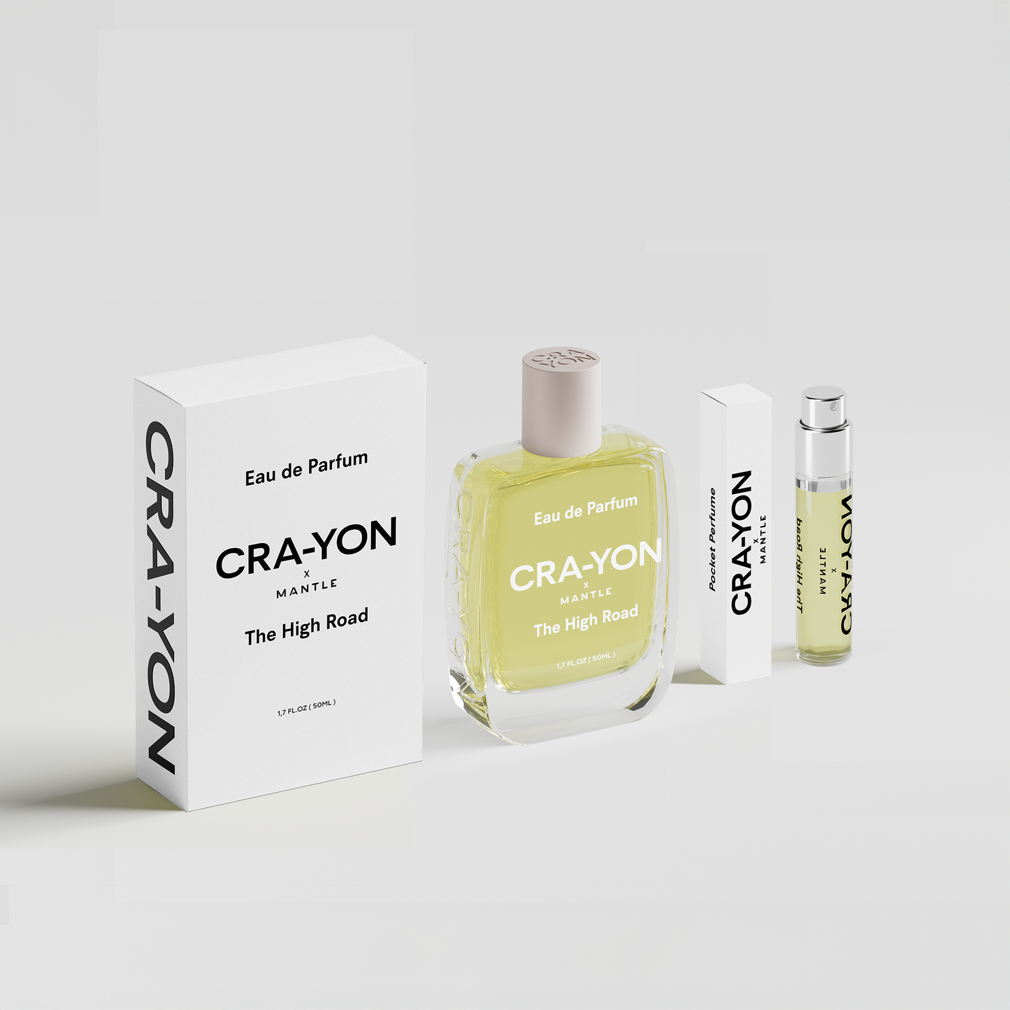 CRA-YON x MANTLE The High Road – perfume bottles and white boxes shot from the side on light background