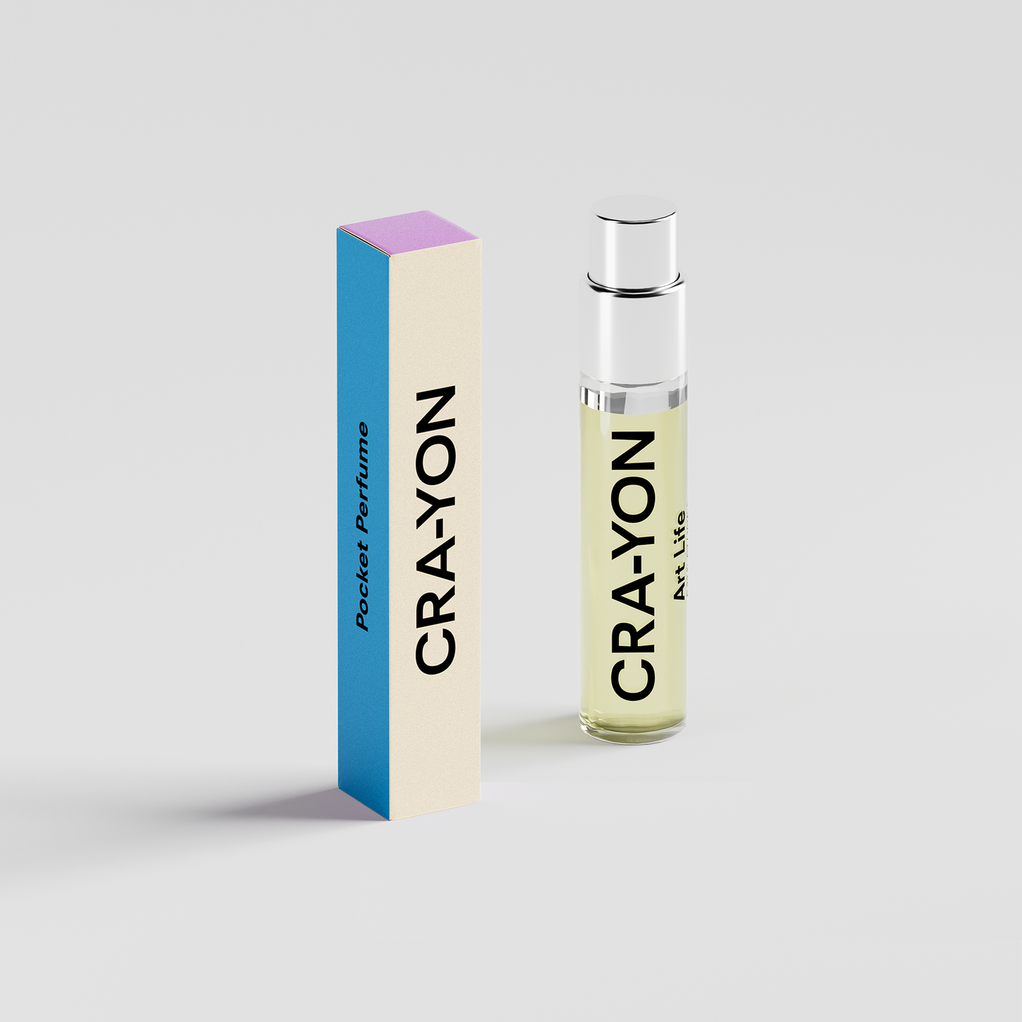 CRA-YON 'Art Life' pocket perfume spray with colorful box standing on white background