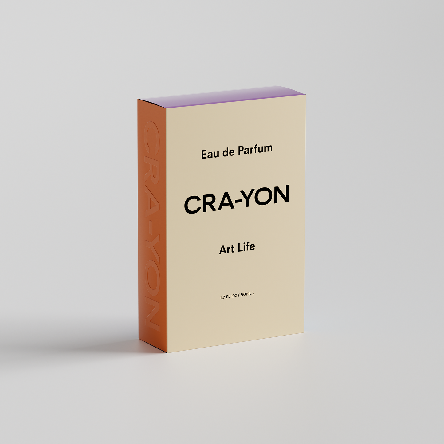 CRA-YON 'Art Life' Eau de Parfum box in cream and orange packaging with purple top, standing on white background