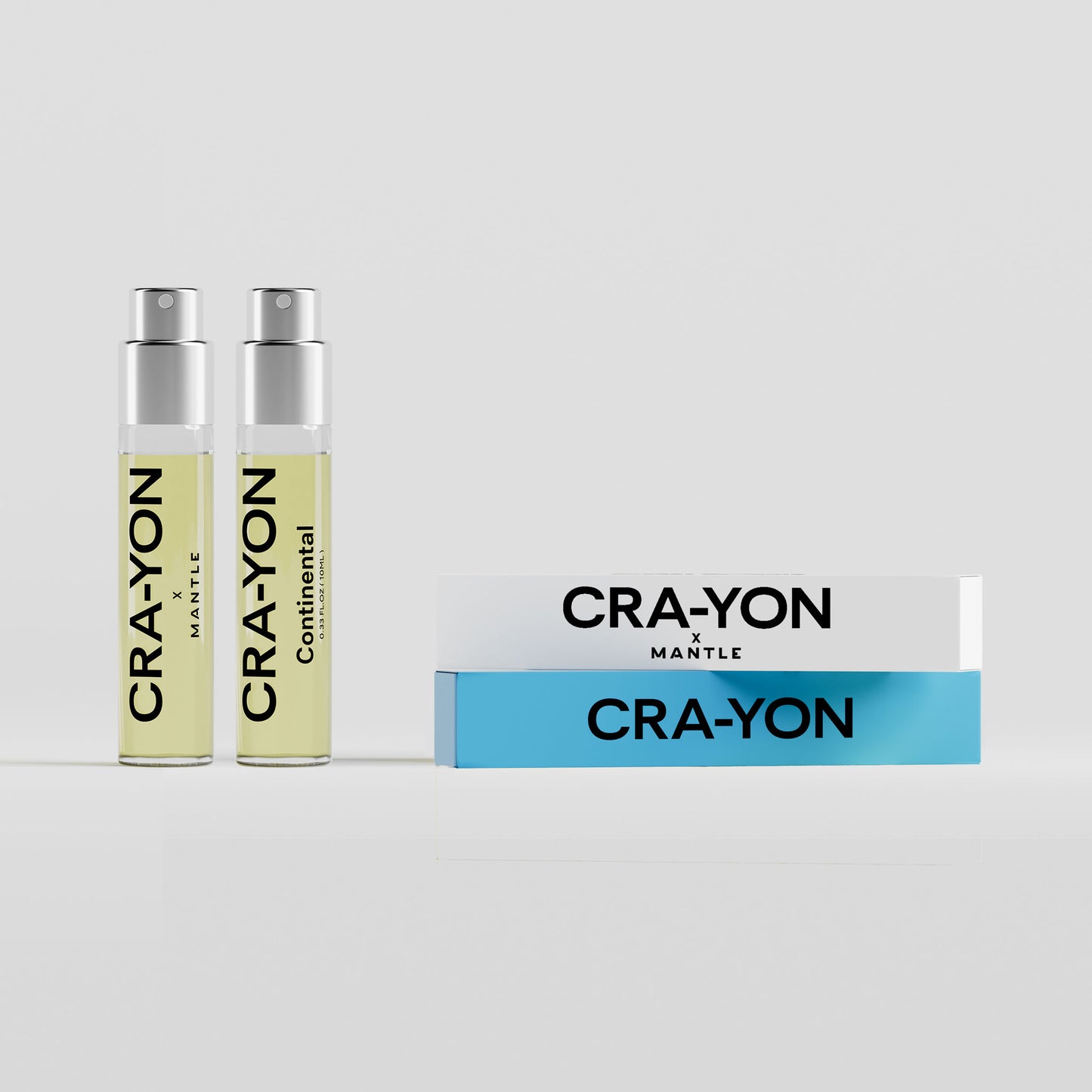CRA-YON The High Road & Continental – two travel sprays and flat-laying boxes in blue and white on light background