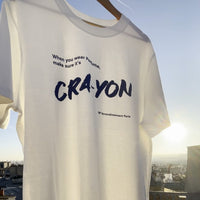 CRA-YON Perfume T-shirt – folded white t-shirt with blue logo print, sky background