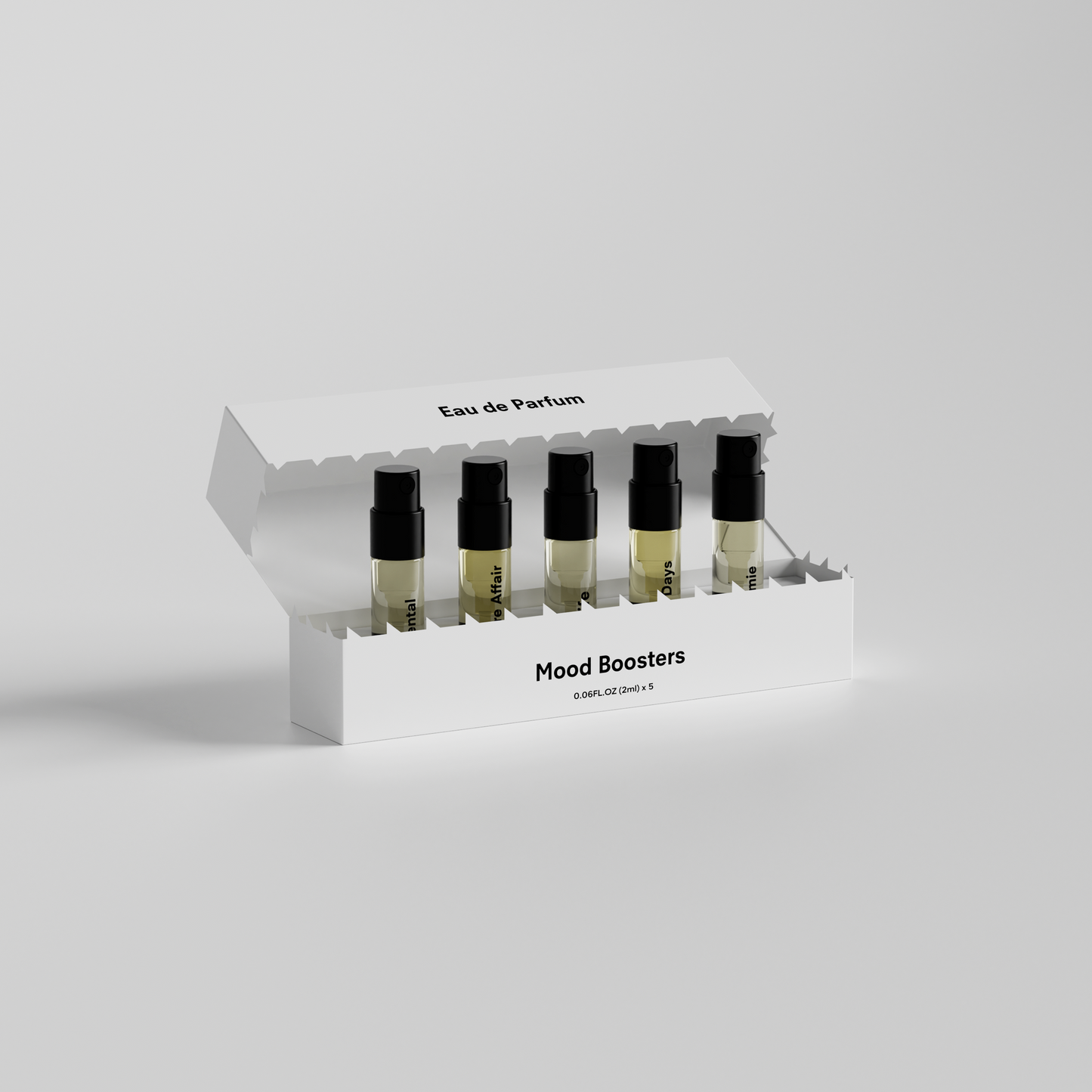 CRA-YON 'Mood Boosters' Eau de Parfum set with five mini spray bottles in an open white box on white background