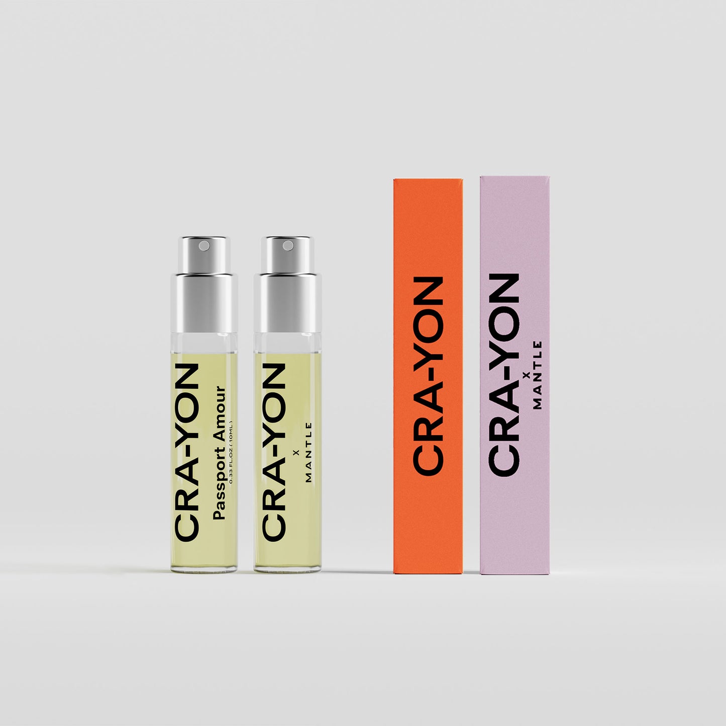 CRA-YON The Fougère Affair &Passport Amour – two travel sprays and boxes in orange and lavender on light background