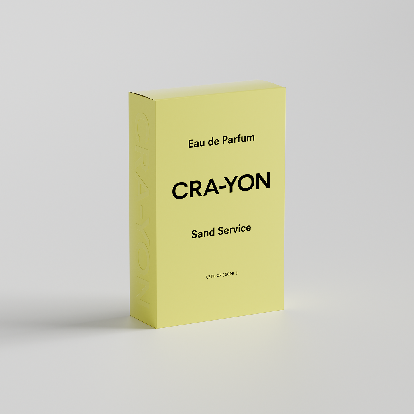 CRA-YON 'Sand Service' Eau de Parfum box in pastel yellow packaging, standing on white background