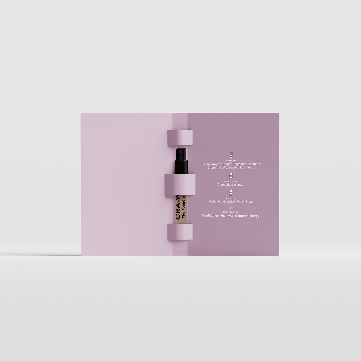 The Fougère Affair Eau de Parfum 2ml sample vial by CRA-YON, shown inside the opened purple packaging with fragrance notes printed on the inner cover.