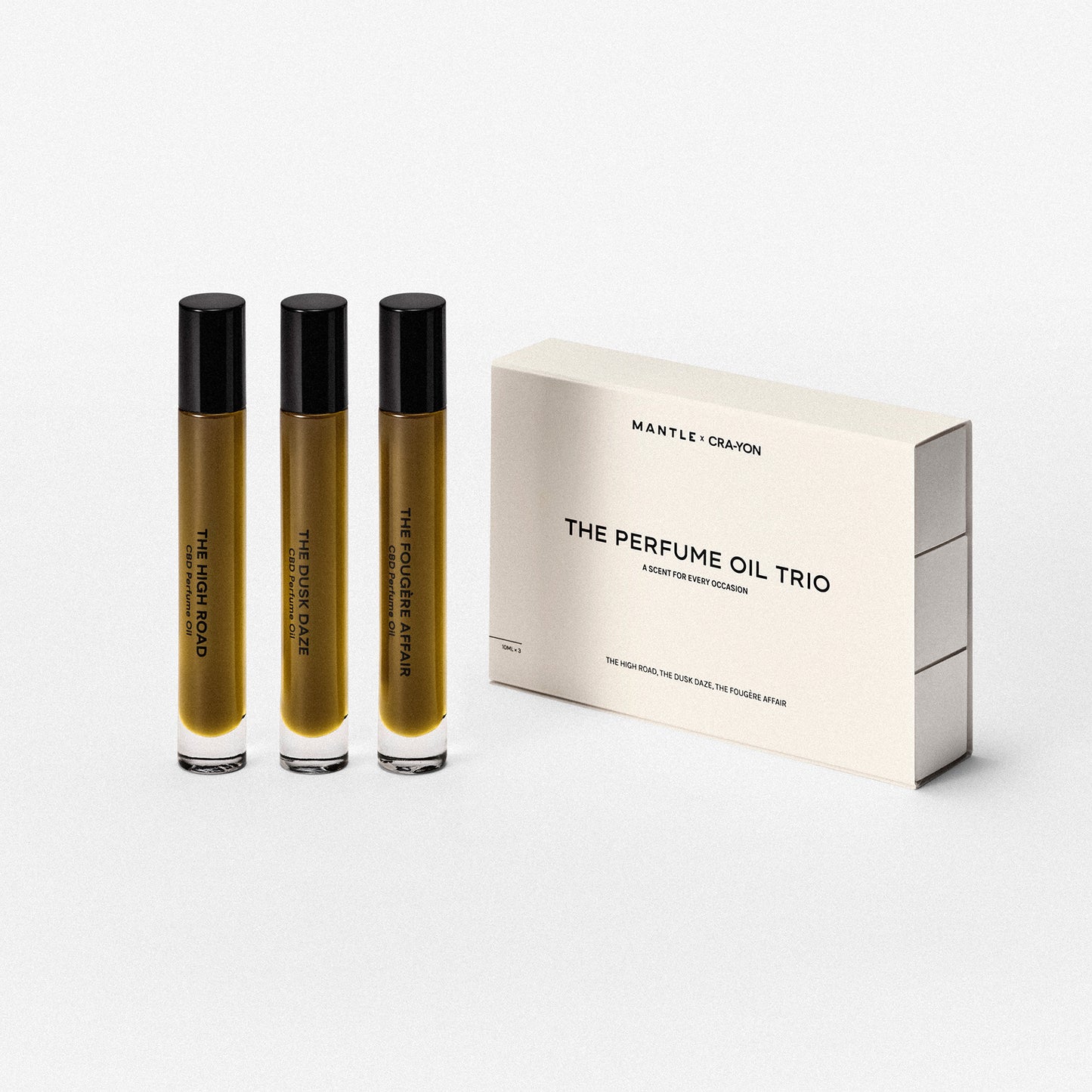 The Perfume Oil Trio features The Fougère Affair, The Dusk Daze, and The High Road. Three scents with distinct personas. Alcohol-free transformative roll-ons.-image