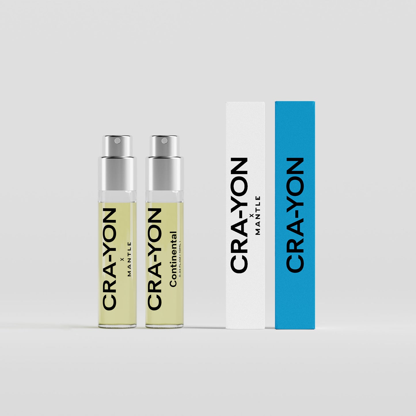 CRA-YON The High Road & Continental – two travel sprays and boxes in blue and white on light background