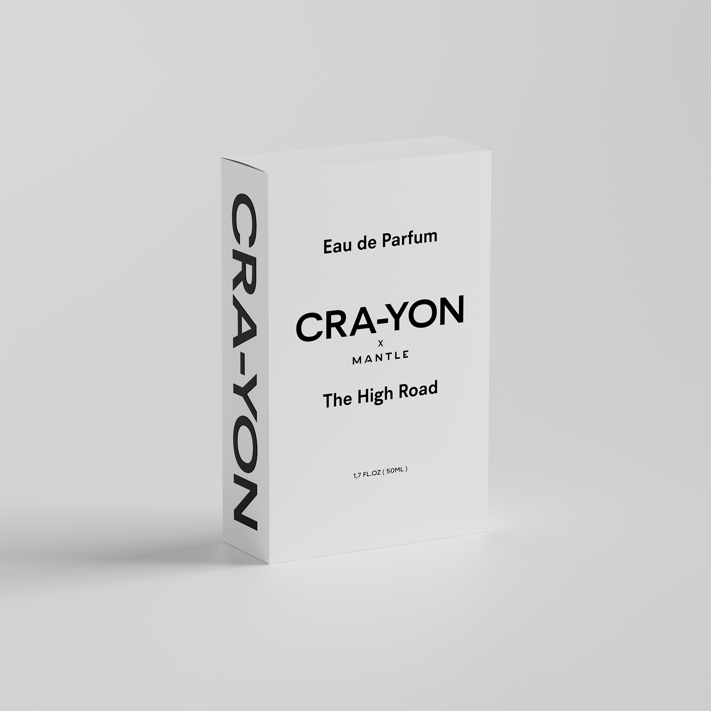 CRA-YON x MANTLE 'The High Road' Eau de Parfum box in white packaging, standing on white background