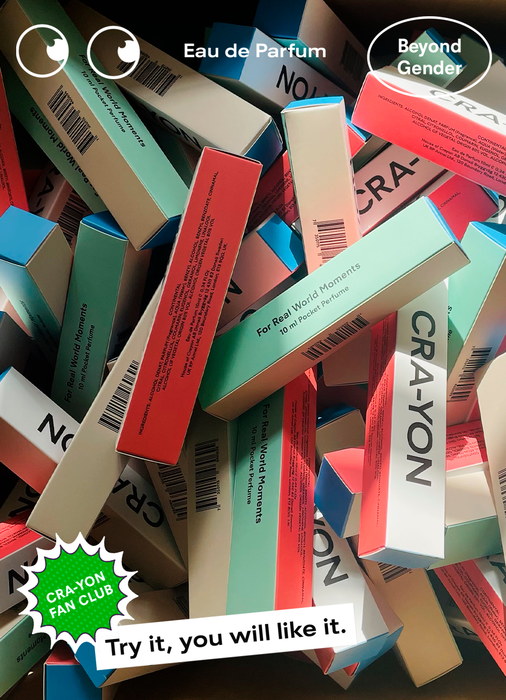 Colorful CRA-YON pocket perfume boxes promoting unisex scents for real-world moments and bold fragrance lovers